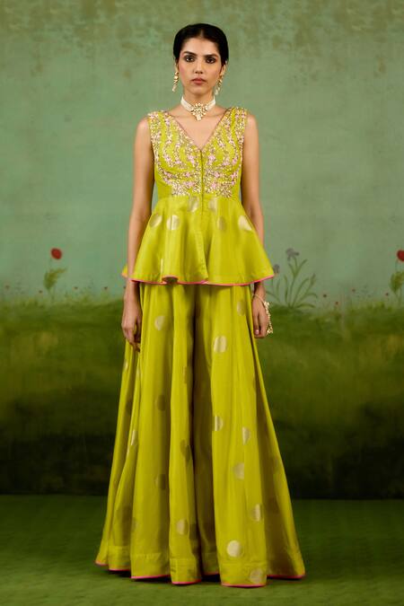 Shop Shyam Narayan Prasad Green Silk, Brocade Zari, Beads, Embroidery V-neck Kurta Sharara Set Online at Aza Fashions Shop_Shyam Narayan Prasad_Green Silk, Brocade Zari, Beads, Embroidery V-neck Kurta Sharara Set _Online_at_Aza_Fashions