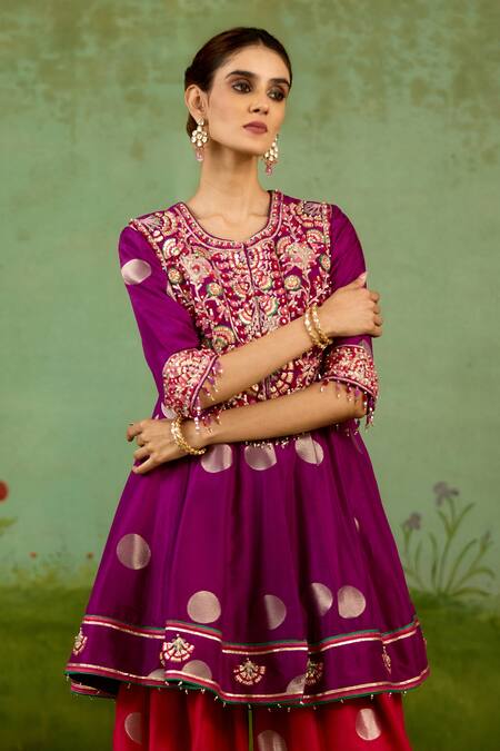 Shyam Narayan Prasad_Purple Silk, Brocade, Organza Embroidery, Gota Patti, Pink Top Dhoti Pant Set _at_Aza_Fashions