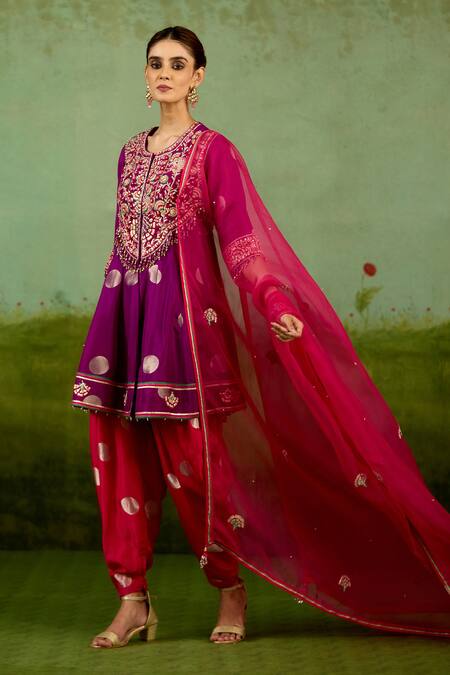 Buy_Shyam Narayan Prasad_Purple Silk, Brocade, Organza Embroidery, Gota Patti, Pink Top Dhoti Pant Set 