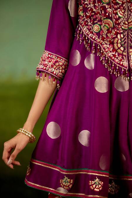 Shop_Shyam Narayan Prasad_Purple Silk, Brocade, Organza Embroidery, Gota Patti, Pink Top Dhoti Pant Set 
