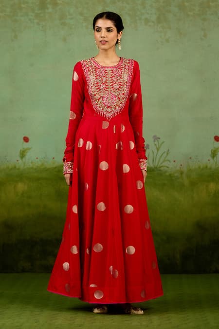 Buy_Shyam Narayan Prasad_Red Brocade, Organza Embroidery, Foil Printing, Zari Round Neck Anarkali Set _Online_at_Aza_Fashions