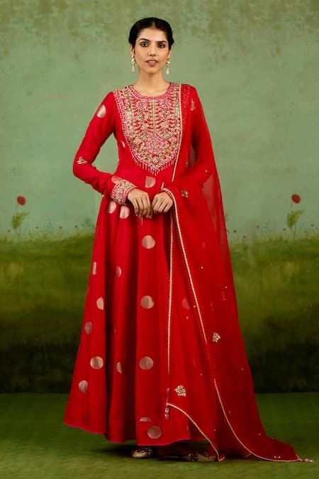 Shyam Narayan Prasad Red Embroidered Anarkali Set 
