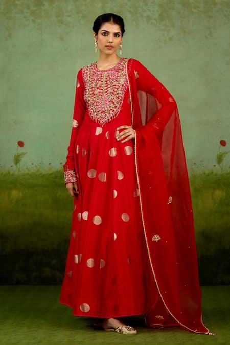 Shop_Shyam Narayan Prasad_Red Brocade, Organza Embroidery, Foil Printing, Zari Round Neck Anarkali Set _Online_at_Aza_Fashions