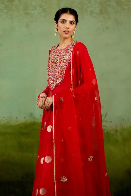 Shyam Narayan Prasad_Red Brocade, Organza Embroidery, Foil Printing, Zari Round Neck Anarkali Set _at_Aza_Fashions