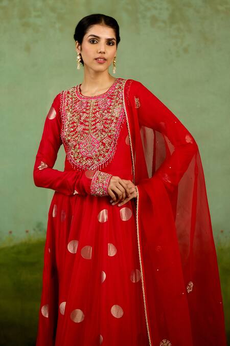 Buy_Shyam Narayan Prasad_Red Brocade, Organza Embroidery, Foil Printing, Zari Round Neck Anarkali Set 