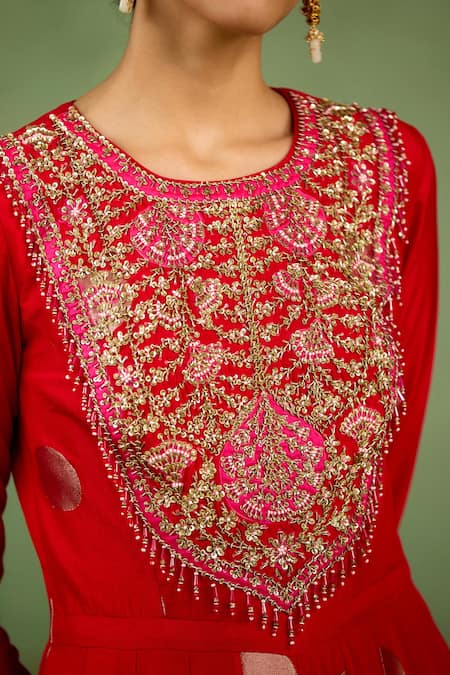 Shop_Shyam Narayan Prasad_Red Brocade, Organza Embroidery, Foil Printing, Zari Round Neck Anarkali Set 