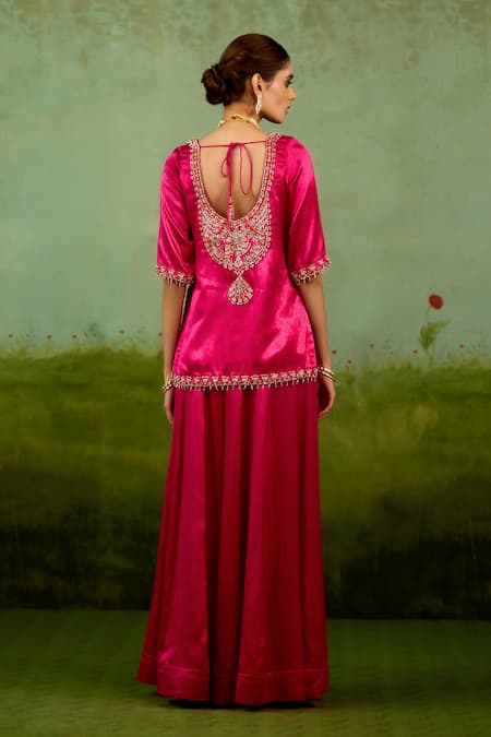 Shyam Narayan Prasad Magenta Pink Embroidered Kurta Sharara Set 