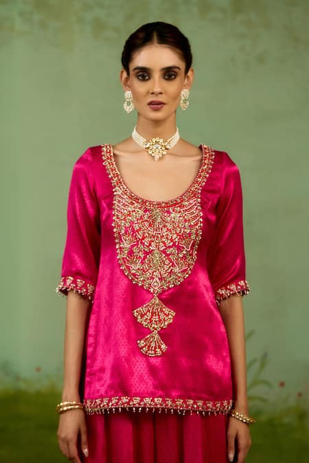 Shyam Narayan Prasad Magenta Silk, Organza Embroidery, Zari, Beads Round Neck Pink Kurta Sharara Set Online at Aza Fashions Shyam Narayan Prasad_Magenta Silk, Organza Embroidery, Zari, Beads Round Neck Pink Kurta Sharara Set _Online_at_Aza_Fashions