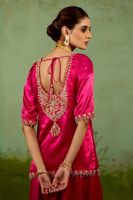 Buy Shyam Narayan Prasad Magenta Silk, Organza Embroidery, Zari, Beads Round Neck Pink Kurta Sharara Set Online at Aza Fashions Buy_Shyam Narayan Prasad_Magenta Silk, Organza Embroidery, Zari, Beads Round Neck Pink Kurta Sharara Set _Online_at_Aza_Fashions