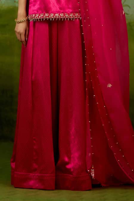 Shop Shyam Narayan Prasad Magenta Silk, Organza Embroidery, Zari, Beads Round Neck Pink Kurta Sharara Set Online at Aza Fashions Shop_Shyam Narayan Prasad_Magenta Silk, Organza Embroidery, Zari, Beads Round Neck Pink Kurta Sharara Set _Online_at_Aza_Fashions
