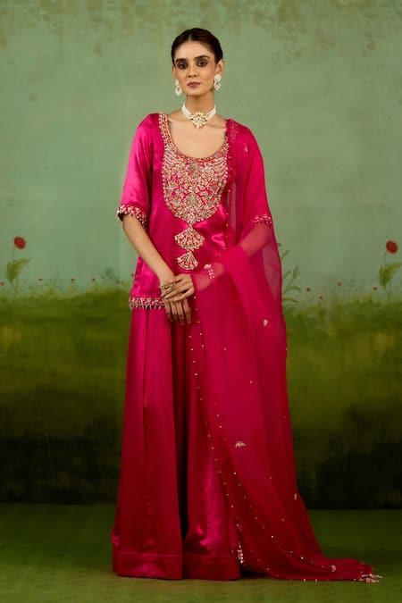 Shyam Narayan Prasad Magenta Silk, Organza Embroidery, Zari, Beads Round Neck Pink Kurta Sharara Set at Aza Fashions Shyam Narayan Prasad_Magenta Silk, Organza Embroidery, Zari, Beads Round Neck Pink Kurta Sharara Set _at_Aza_Fashions