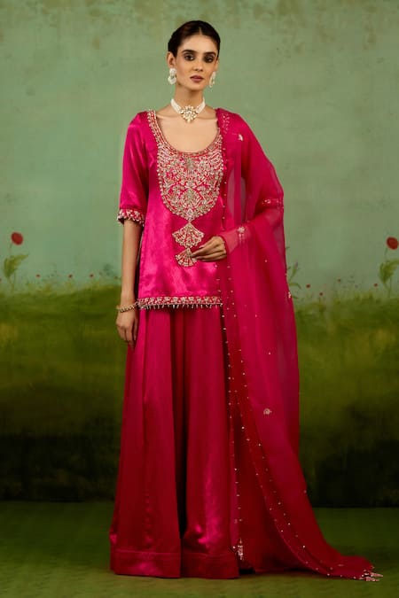 Shyam Narayan Prasad Magenta Pink Embroidered Kurta Sharara Set 
