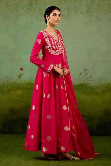 Shyam Narayan Prasad_Fuchsia Brocade, Organza Embroidery, Beads, Sequins Fuschia Pink Anarkali Set _Online_at_Aza_Fashions