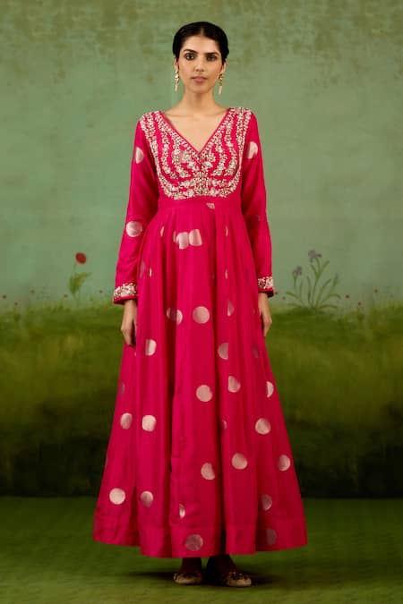 Buy_Shyam Narayan Prasad_Fuchsia Brocade, Organza Embroidery, Beads, Sequins Fuschia Pink Anarkali Set _Online_at_Aza_Fashions