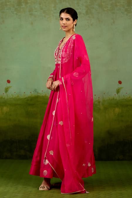 Shyam Narayan Prasad_Fuchsia Brocade, Organza Embroidery, Beads, Sequins Fuschia Pink Anarkali Set _at_Aza_Fashions