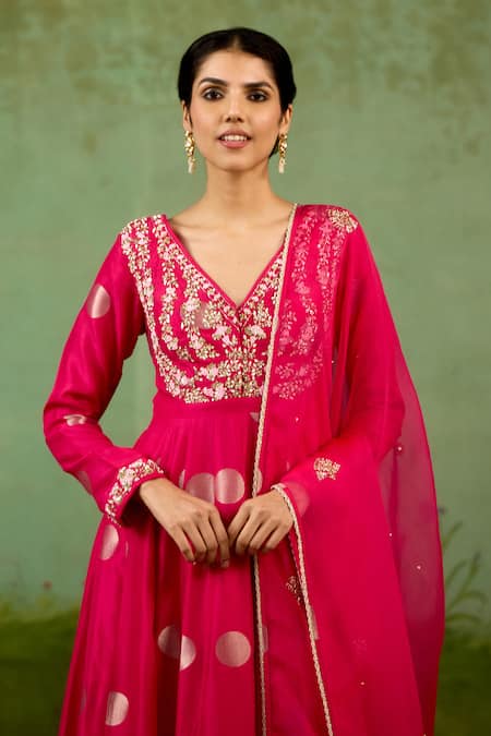 Buy_Shyam Narayan Prasad_Fuchsia Brocade, Organza Embroidery, Beads, Sequins Fuschia Pink Anarkali Set 