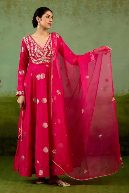 Shop_Shyam Narayan Prasad_Fuchsia Brocade, Organza Embroidery, Beads, Sequins Fuschia Pink Anarkali Set 