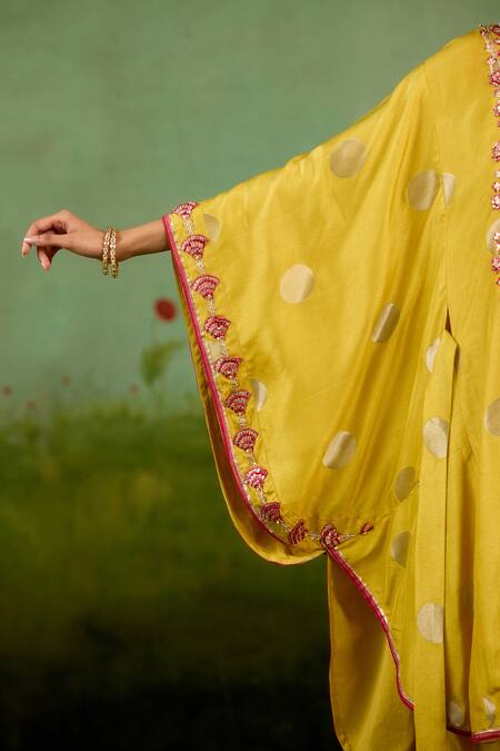 Shyam Narayan Prasad_Yellow Silk, Brocade Embroidery, Gota Patti, Sequins Round Kaftan And Trouser Set _Online_at_Aza_Fashions