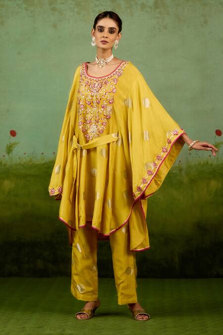 Buy_Shyam Narayan Prasad_Yellow Silk, Brocade Embroidery, Gota Patti, Sequins Round Kaftan And Trouser Set _Online_at_Aza_Fashions
