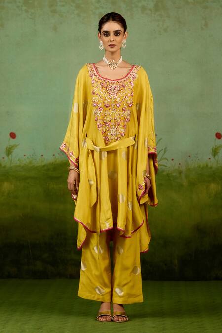 Shop_Shyam Narayan Prasad_Yellow Silk, Brocade Embroidery, Gota Patti, Sequins Round Kaftan And Trouser Set _Online_at_Aza_Fashions