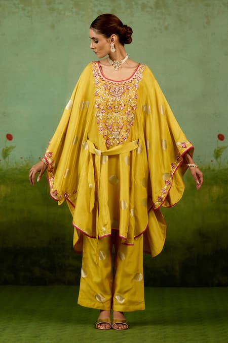 Shyam Narayan Prasad Yellow Embroidered Kaftan & Trouser Set 