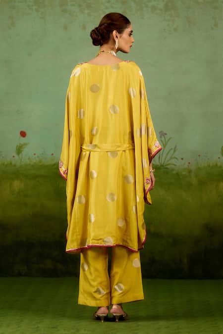 Shyam Narayan Prasad Yellow Embroidered Kaftan & Trouser Set 