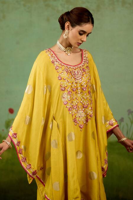 Buy_Shyam Narayan Prasad_Yellow Silk, Brocade Embroidery, Gota Patti, Sequins Round Kaftan And Trouser Set 