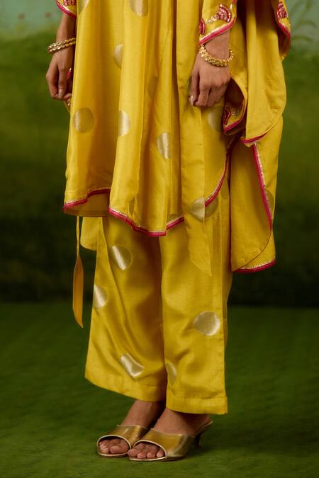 Shop_Shyam Narayan Prasad_Yellow Silk, Brocade Embroidery, Gota Patti, Sequins Round Kaftan And Trouser Set 