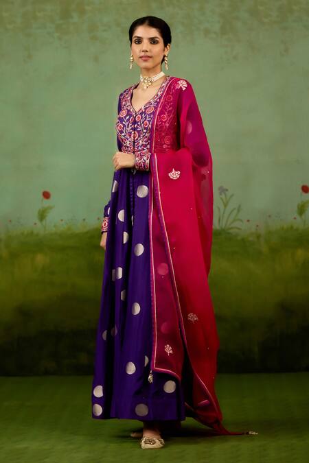 Shyam Narayan Prasad Purple Silk, Brocade, Organza Embroidery, Foil Heliotrope Anarkali Set Online at Aza Fashions Shyam Narayan Prasad_Purple Silk, Brocade, Organza Embroidery, Foil Heliotrope Anarkali Set _Online_at_Aza_Fashions