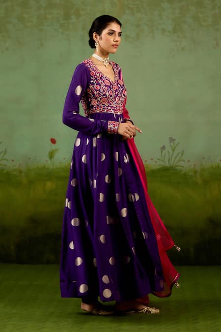 Buy Shyam Narayan Prasad Purple Silk, Brocade, Organza Embroidery, Foil Heliotrope Anarkali Set Online at Aza Fashions Buy_Shyam Narayan Prasad_Purple Silk, Brocade, Organza Embroidery, Foil Heliotrope Anarkali Set _Online_at_Aza_Fashions