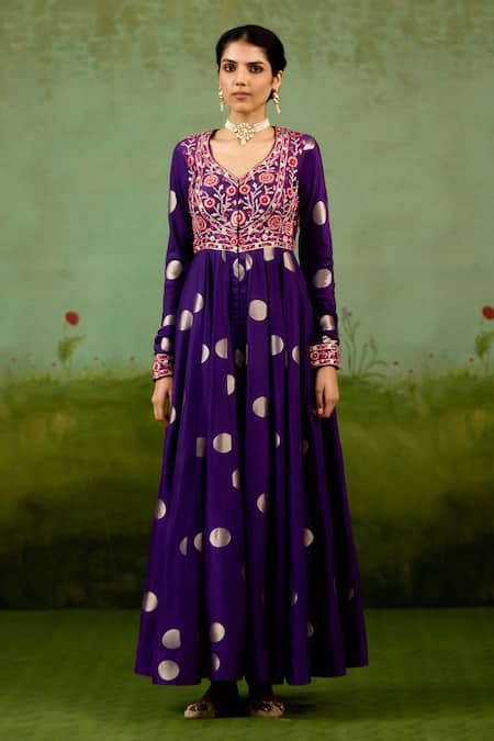 Shop Shyam Narayan Prasad Purple Silk, Brocade, Organza Embroidery, Foil Heliotrope Anarkali Set Online at Aza Fashions Shop_Shyam Narayan Prasad_Purple Silk, Brocade, Organza Embroidery, Foil Heliotrope Anarkali Set _Online_at_Aza_Fashions