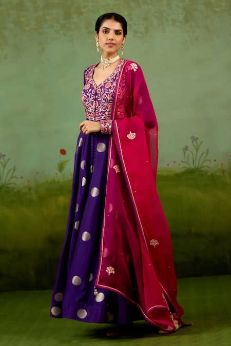 Shyam Narayan Prasad Purple Silk, Brocade, Organza Embroidery, Foil Heliotrope Anarkali Set at Aza Fashions Shyam Narayan Prasad_Purple Silk, Brocade, Organza Embroidery, Foil Heliotrope Anarkali Set _at_Aza_Fashions