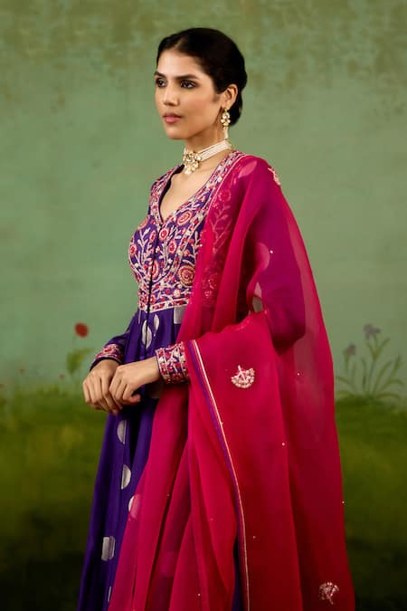 Buy Shyam Narayan Prasad Purple Silk, Brocade, Organza Embroidery, Foil Heliotrope Anarkali Set Buy_Shyam Narayan Prasad_Purple Silk, Brocade, Organza Embroidery, Foil Heliotrope Anarkali Set