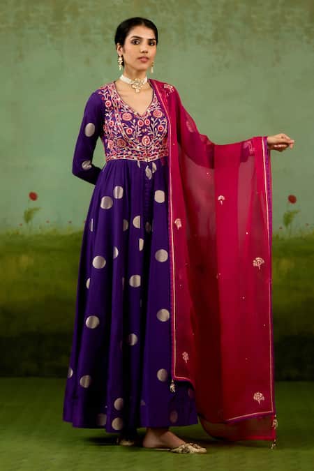 Shop Shyam Narayan Prasad Purple Silk, Brocade, Organza Embroidery, Foil Heliotrope Anarkali Set Shop_Shyam Narayan Prasad_Purple Silk, Brocade, Organza Embroidery, Foil Heliotrope Anarkali Set