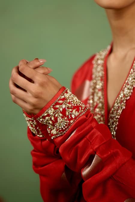 Shyam Narayan Prasad_Orange Brocade, Organza Embroidery, Beads, Metallic Thread, Burnt Anarkali Set _Online_at_Aza_Fashions