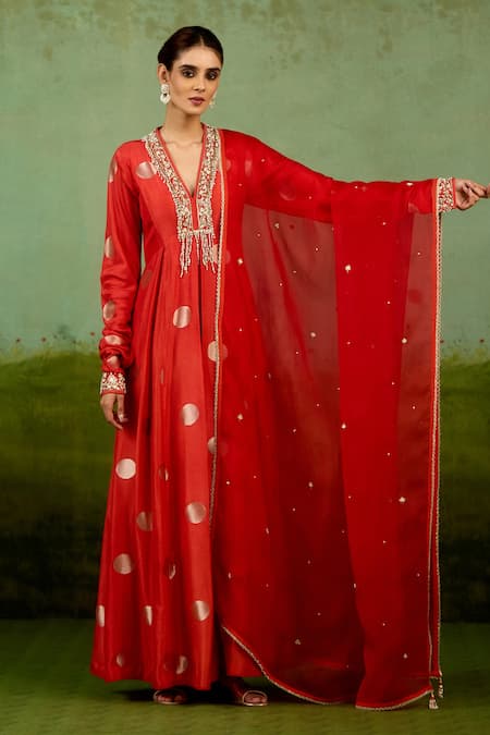 Shop_Shyam Narayan Prasad_Orange Brocade, Organza Embroidery, Beads, Metallic Thread, Burnt Anarkali Set _Online_at_Aza_Fashions