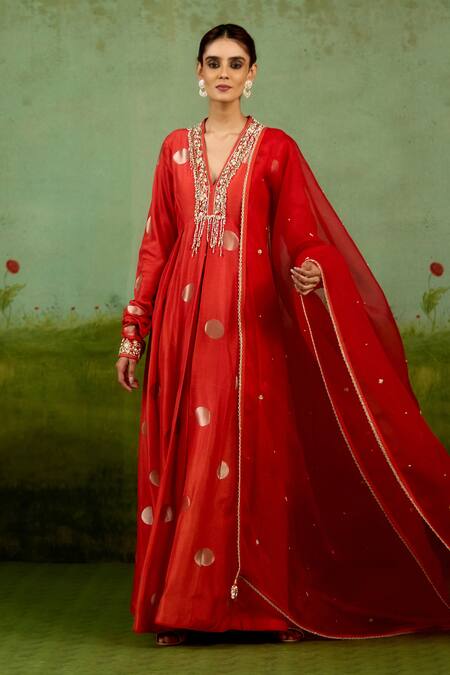 Shyam Narayan Prasad_Orange Brocade, Organza Embroidery, Beads, Metallic Thread, Burnt Anarkali Set _at_Aza_Fashions