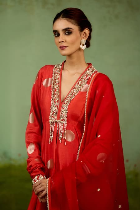 Buy_Shyam Narayan Prasad_Orange Brocade, Organza Embroidery, Beads, Metallic Thread, Burnt Anarkali Set 