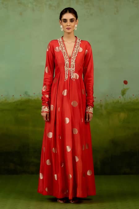 Shyam Narayan Prasad Orange Brocade, Organza Embroidery, Beads, Metallic Thread Burnt Anarkali Set 