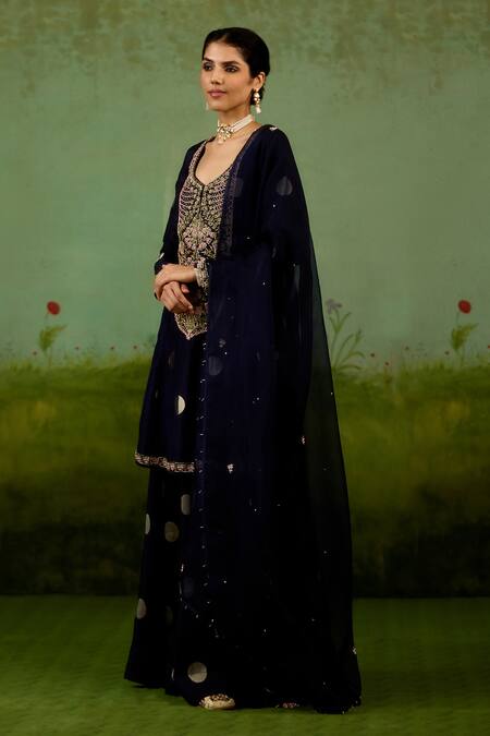 Shyam Narayan Prasad_Navy Silk, Brocade, Organza Embroidery, Sequins, Zari Blue Kurta Sharara Set _Online_at_Aza_Fashions