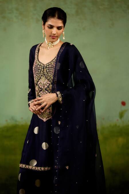 Buy_Shyam Narayan Prasad_Navy Silk, Brocade, Organza Embroidery, Sequins, Zari Blue Kurta Sharara Set _Online_at_Aza_Fashions