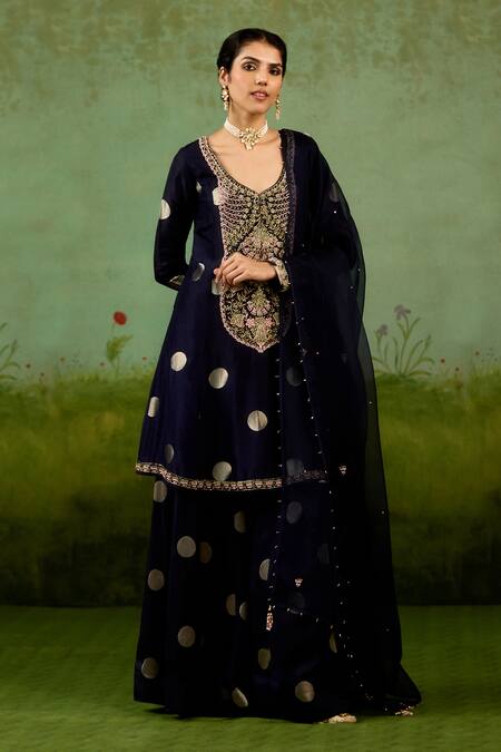 Shyam Narayan Prasad Navy Blue Embroidered Kurta Sharara Set 