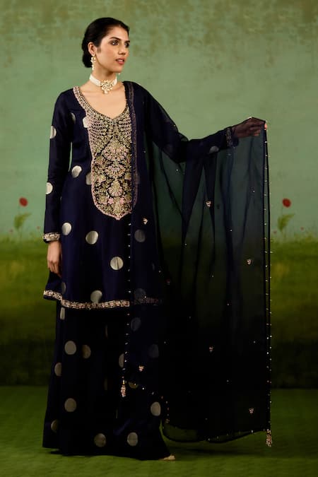 Shop_Shyam Narayan Prasad_Navy Silk, Brocade, Organza Embroidery, Sequins, Zari Blue Kurta Sharara Set _Online_at_Aza_Fashions