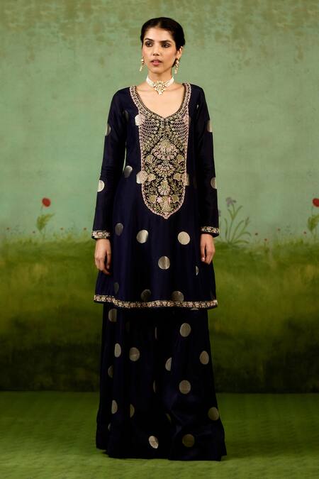 Shyam Narayan Prasad_Navy Silk, Brocade, Organza Embroidery, Sequins, Zari Blue Kurta Sharara Set _at_Aza_Fashions