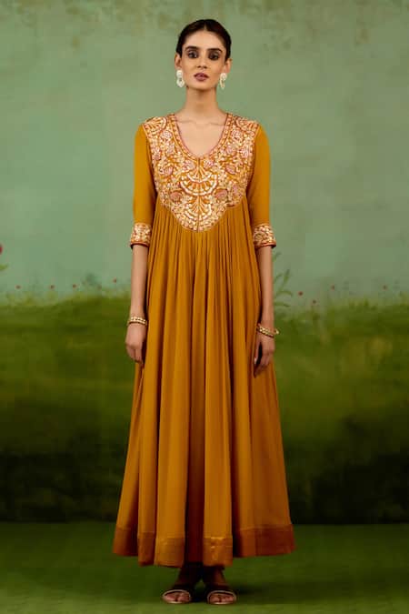 Shyam Narayan Prasad_Mustard Chinon, Silk Embroidery, Gota Patti, Tassels Split Yellow Anarkali Set _Online_at_Aza_Fashions