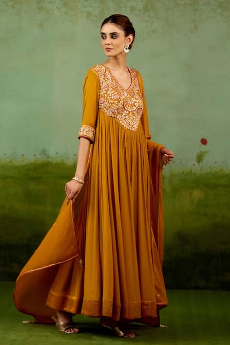 Shop_Shyam Narayan Prasad_Mustard Chinon, Silk Embroidery, Gota Patti, Tassels Split Yellow Anarkali Set _Online_at_Aza_Fashions