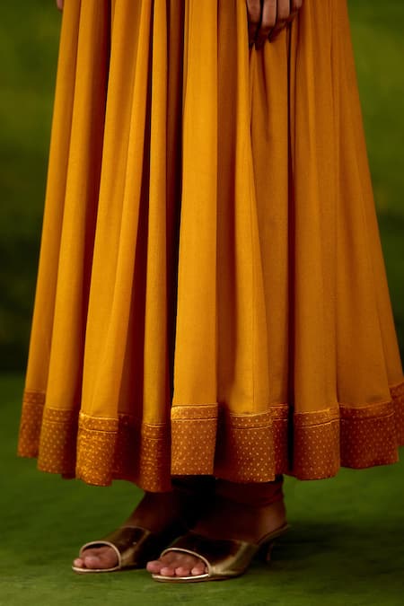 Shyam Narayan Prasad_Mustard Chinon, Silk Embroidery, Gota Patti, Tassels Split Yellow Anarkali Set _at_Aza_Fashions