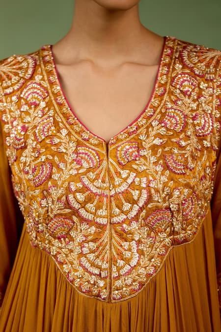 Buy_Shyam Narayan Prasad_Mustard Chinon, Silk Embroidery, Gota Patti, Tassels Split Yellow Anarkali Set 