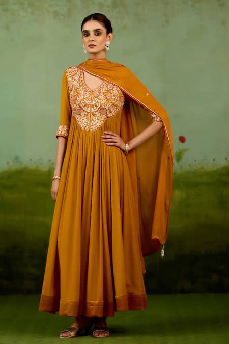 Shop_Shyam Narayan Prasad_Mustard Chinon, Silk Embroidery, Gota Patti, Tassels Split Yellow Anarkali Set 