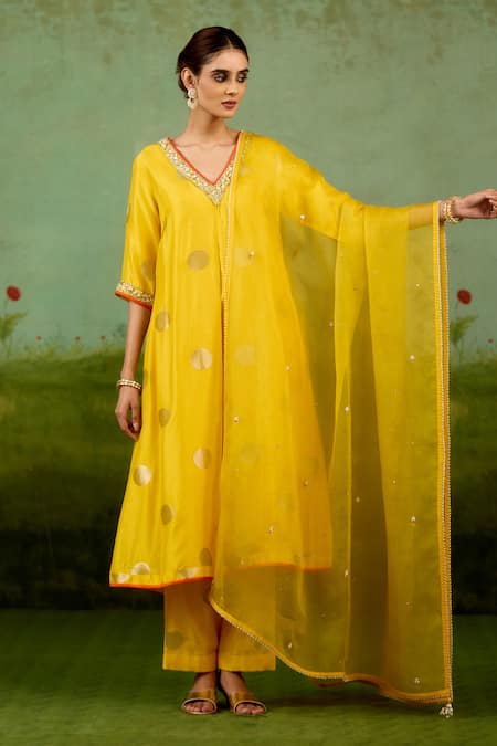 Buy Shyam Narayan Prasad Yellow Silk, Brocade, Organza Embroidery, Foil Printing, Vibrant Kurta Set Online at Aza Fashions Buy_Shyam Narayan Prasad_Yellow Silk, Brocade, Organza Embroidery, Foil Printing, Vibrant Kurta Set _Online_at_Aza_Fashions